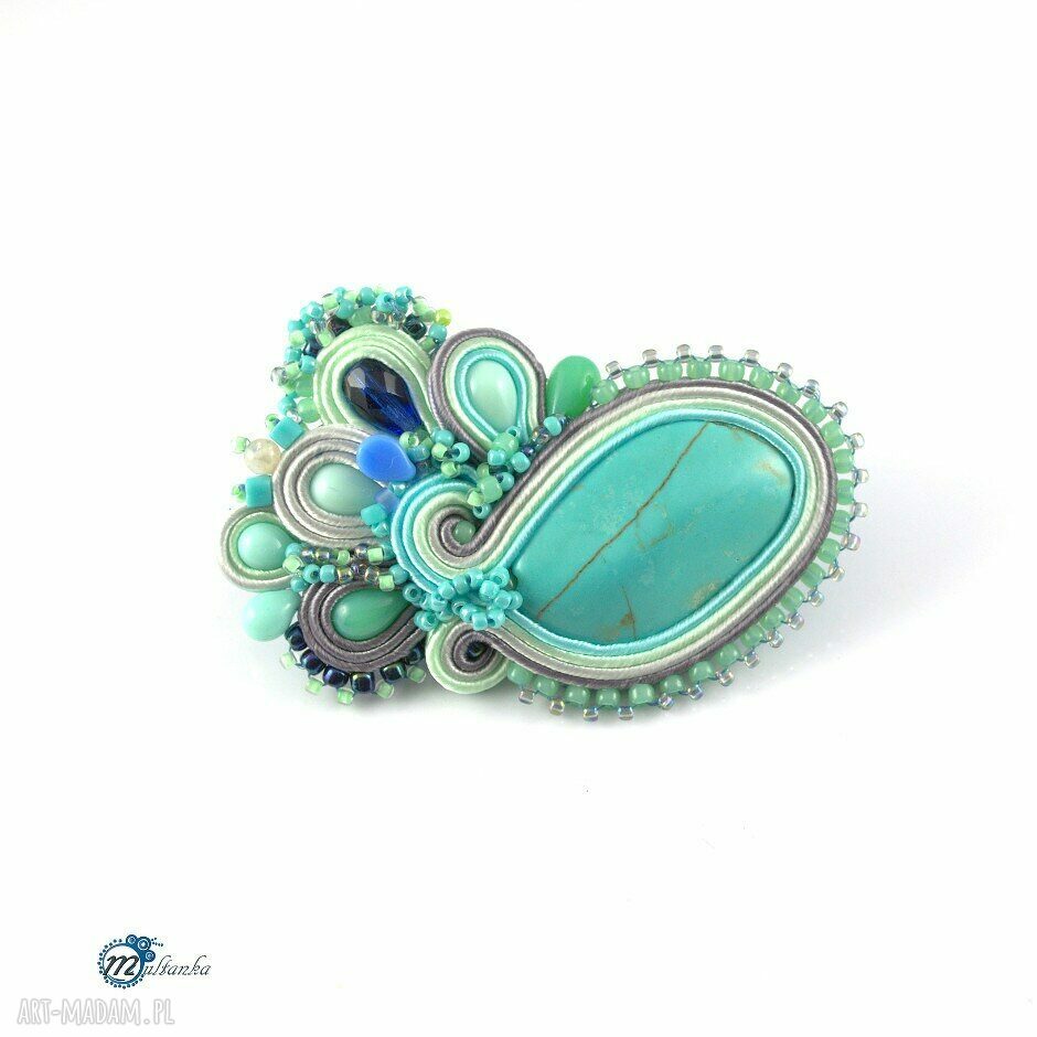 broszki: Sutaszowa broszka mięta z szarością HandMade