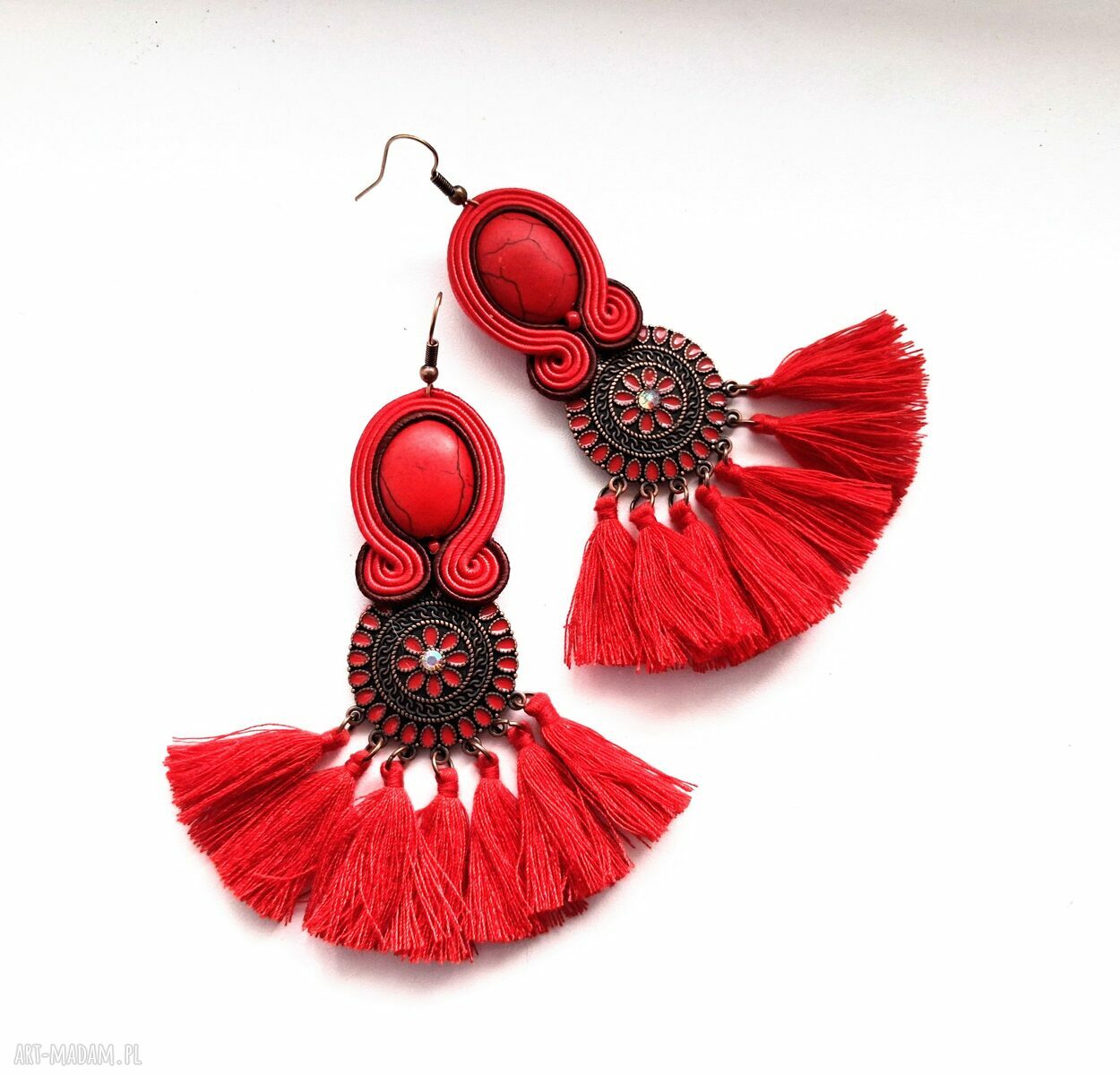 Kolczyki sutaszowe ręcznie haftowane Red - czerwono-brązowe frędzle 9 cm