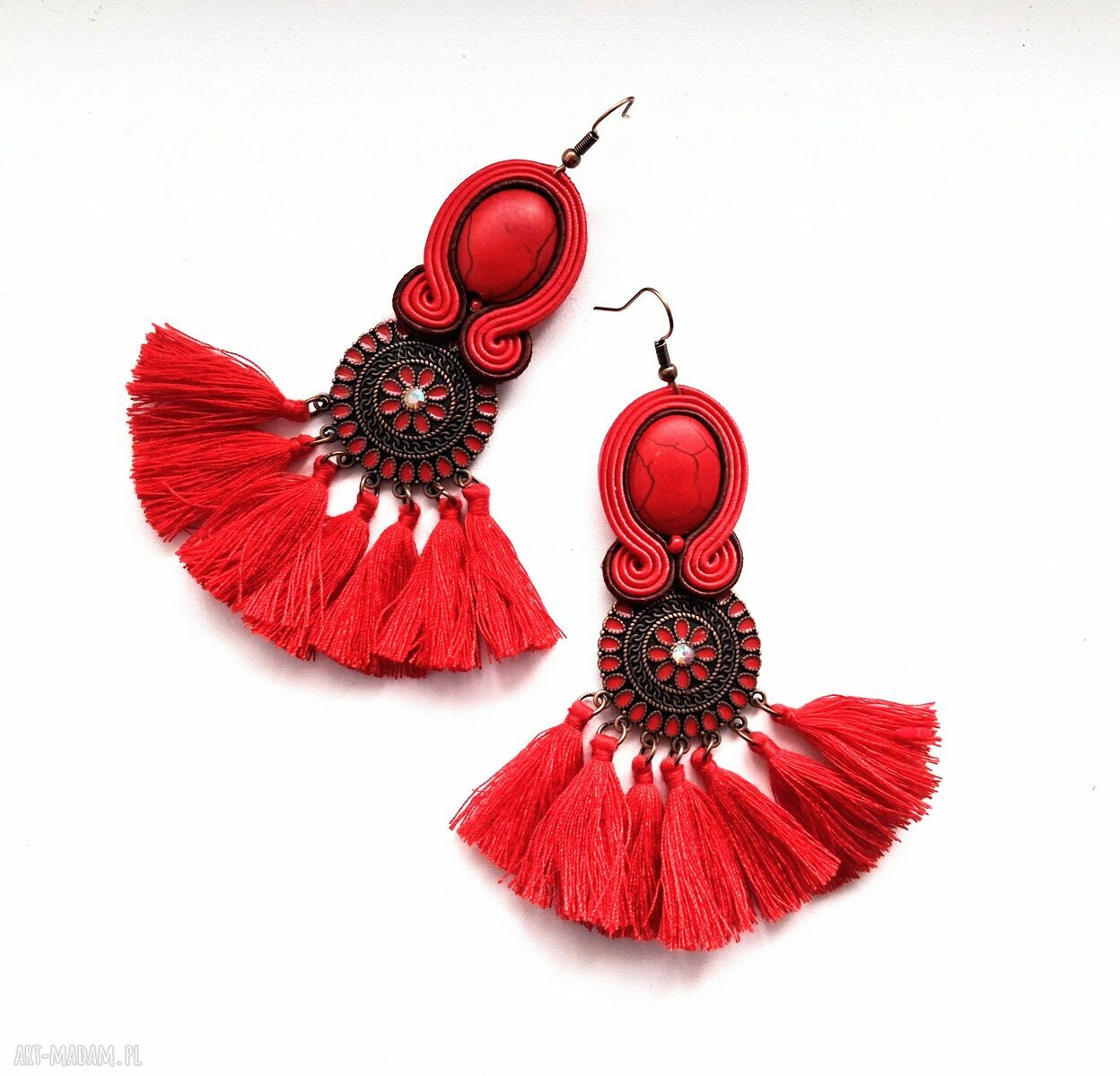 Kolczyki sutaszowe ręcznie haftowane Red - czerwono-brązowe frędzle 9 cm