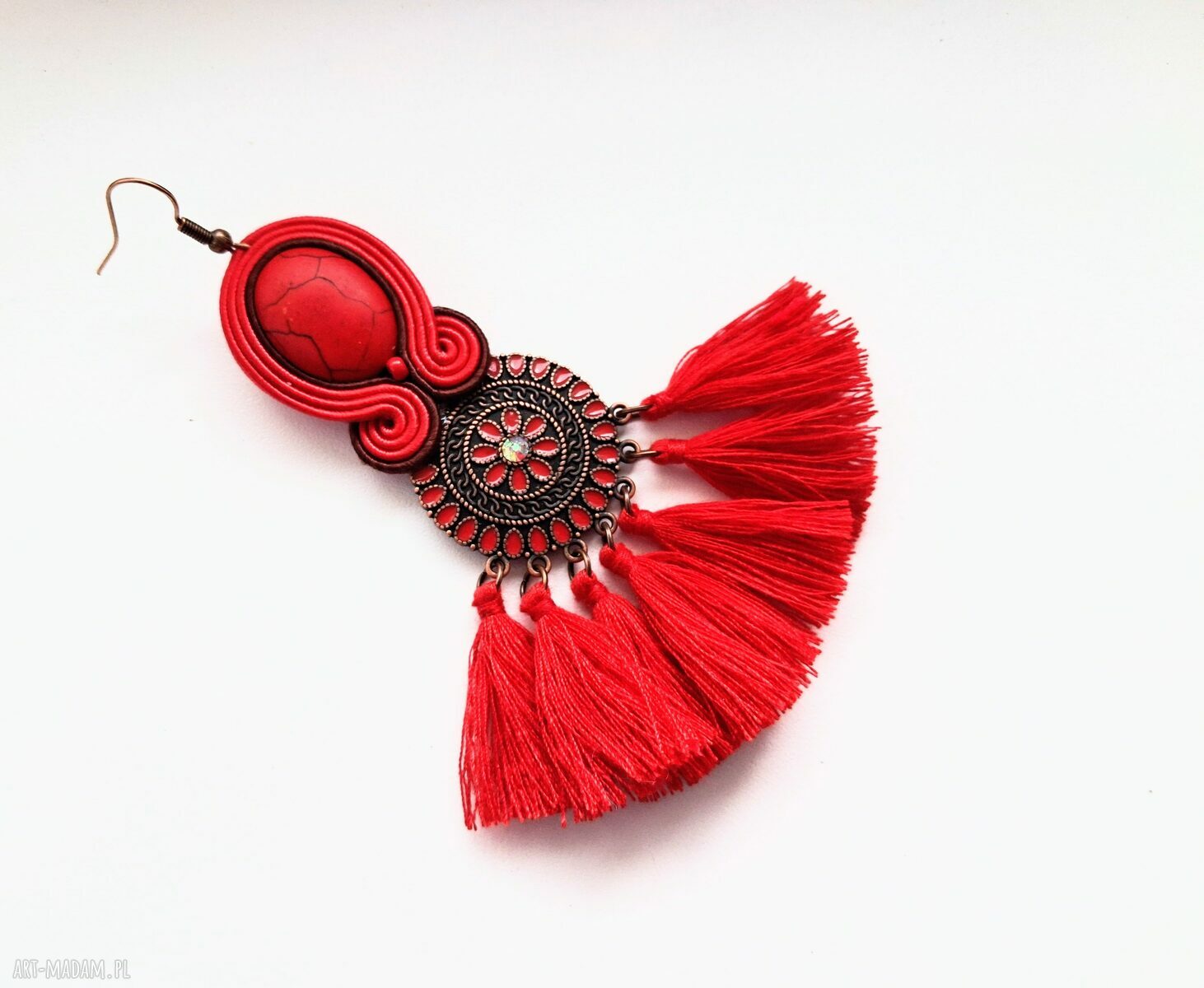 Kolczyki sutaszowe ręcznie haftowane Red - czerwono-brązowe frędzle 9 cm