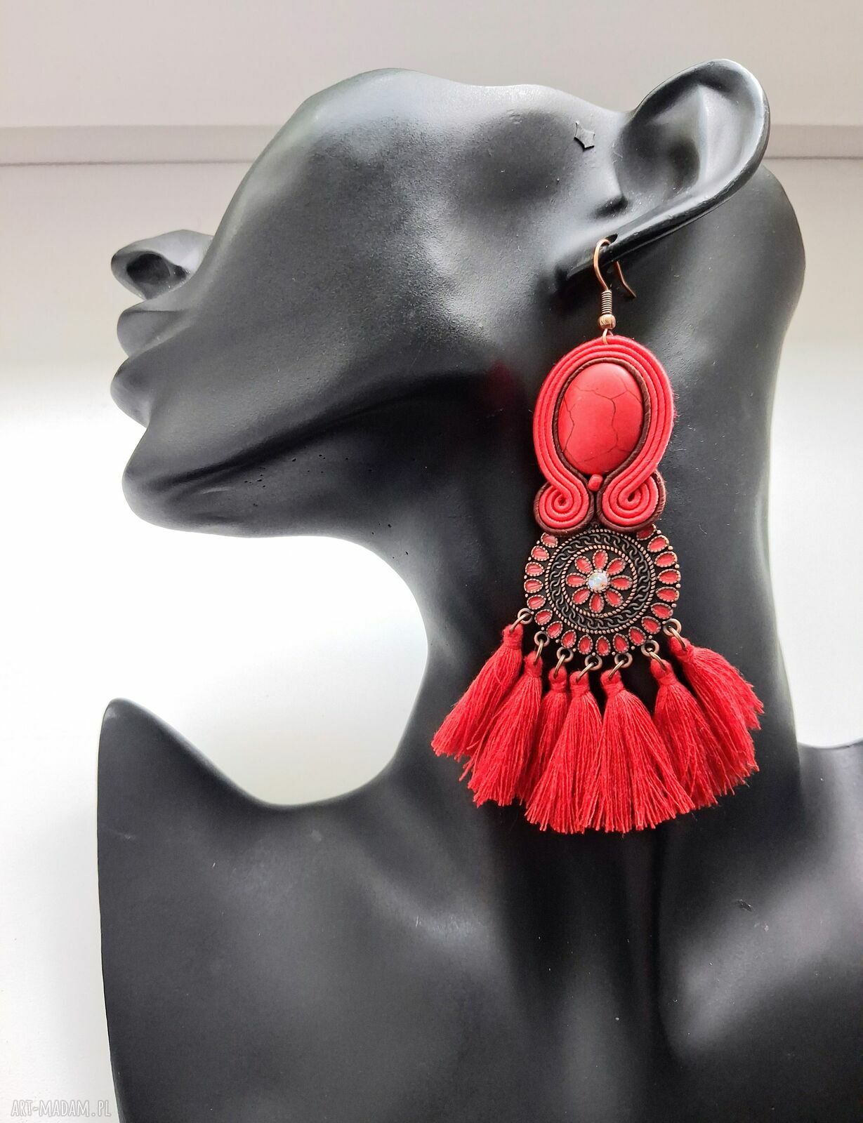 Kolczyki sutaszowe ręcznie haftowane Red - czerwono-brązowe frędzle 9 cm
