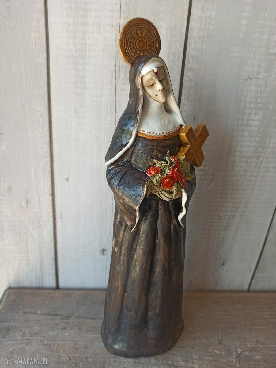 Św. Rita z Casaii - figura ceramiczna z różyczkami i krzyżem (handmade)