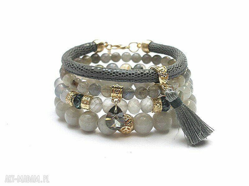 Komplet bransoletek Grey and Olive vol. 6 - jadeit, labradoryt i Swarovski na rzemieniu (16-17 cm)