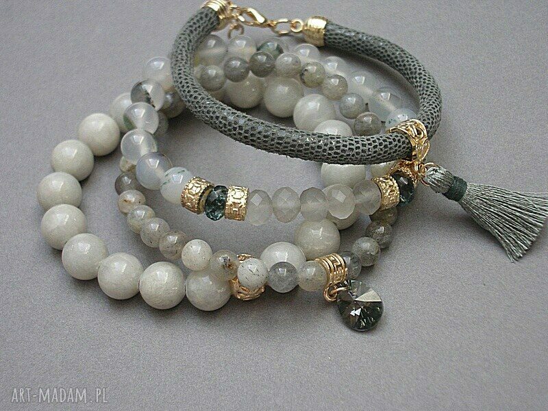 Komplet bransoletek Grey and Olive vol. 6 jadeit, labradoryt i Swarovski na rzemieniu (16 17 cm)