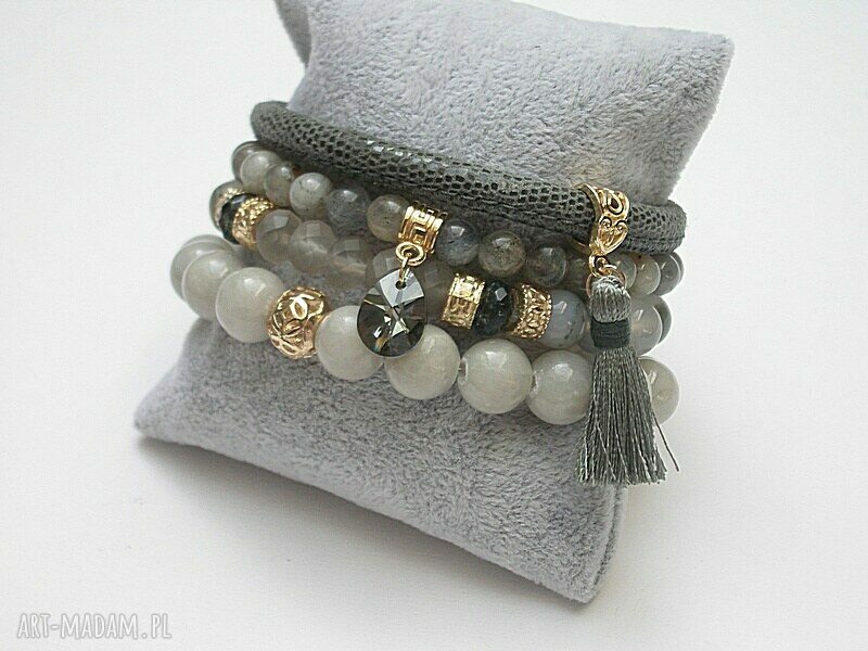 Komplet bransoletek Grey and Olive vol. 6 jadeit, labradoryt i Swarovski na rzemieniu (16 17 cm)