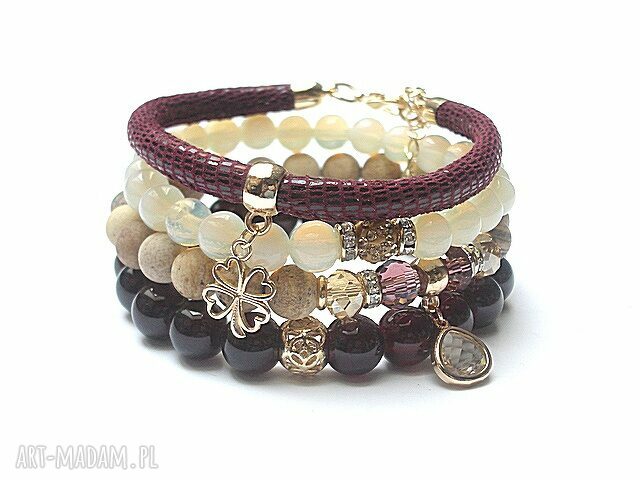 Marsala vol set marmur jaspis opalit skóra rzemień swarovski