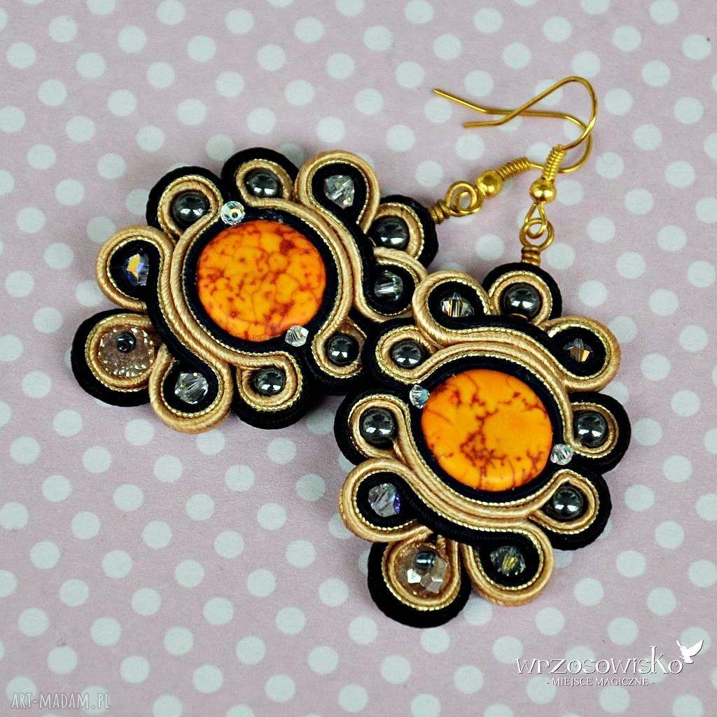 Złote słońca kolczyki sutasz soutache swarovski etniczne