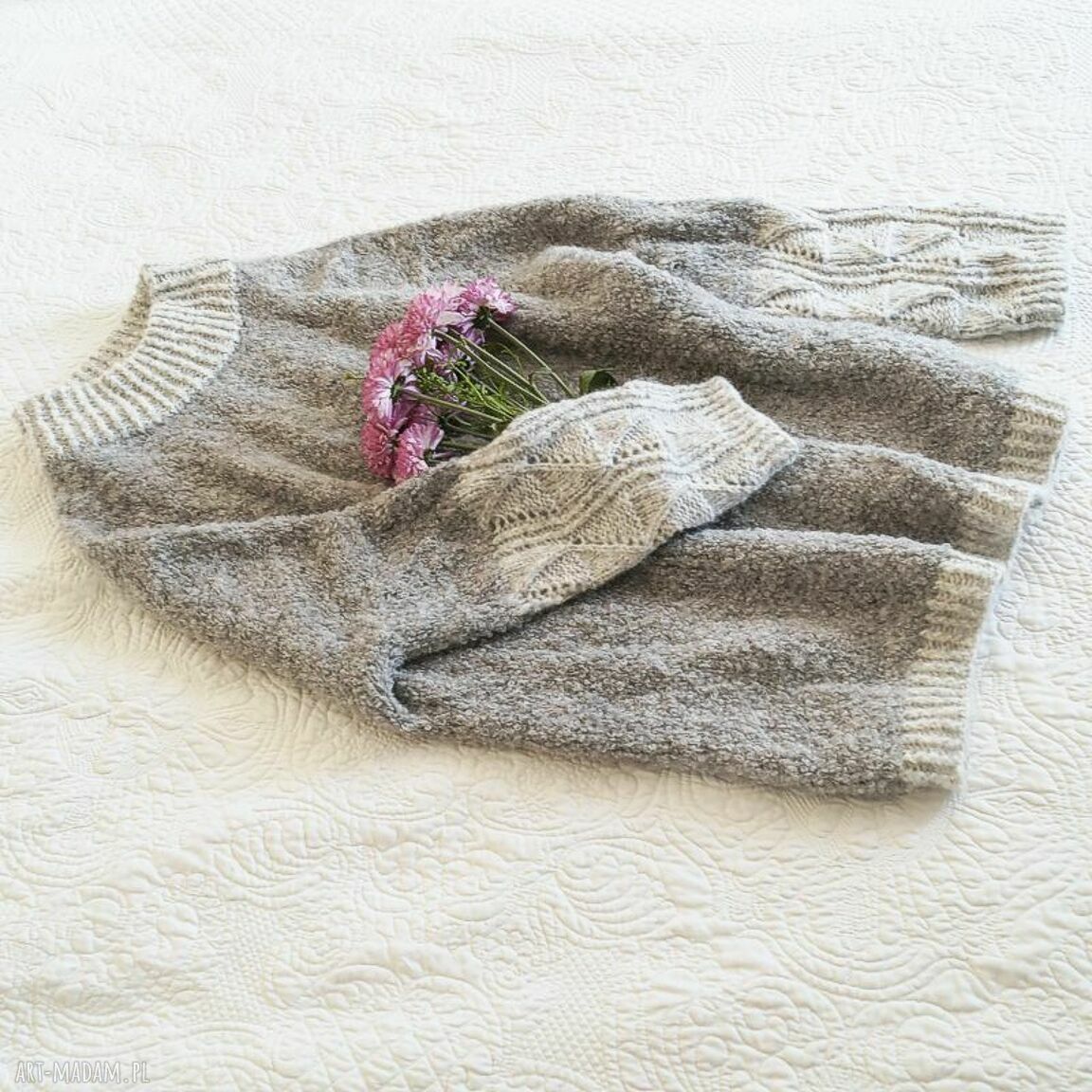 Sweter ARDI - tunika boucle z alpaki na drutach, półgolf, szary