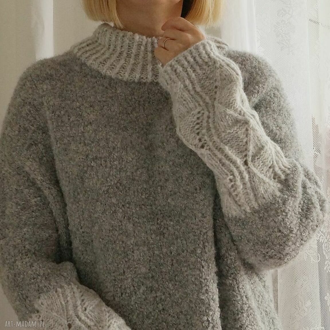 Sweter ARDI - tunika boucle z alpaki na drutach, półgolf, szary