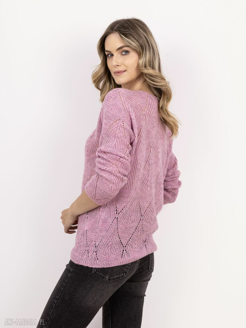 Sweter ażurowy z dekoltem w serek SWE341 - różowy MKM