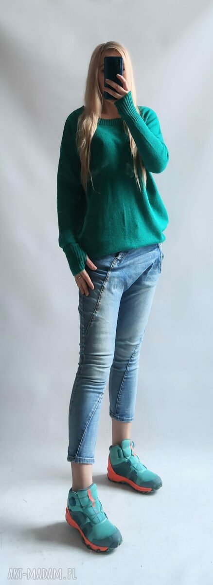 Sweter damski oversize w ciemnym turkusie - elegancki kardigan z dzianiny