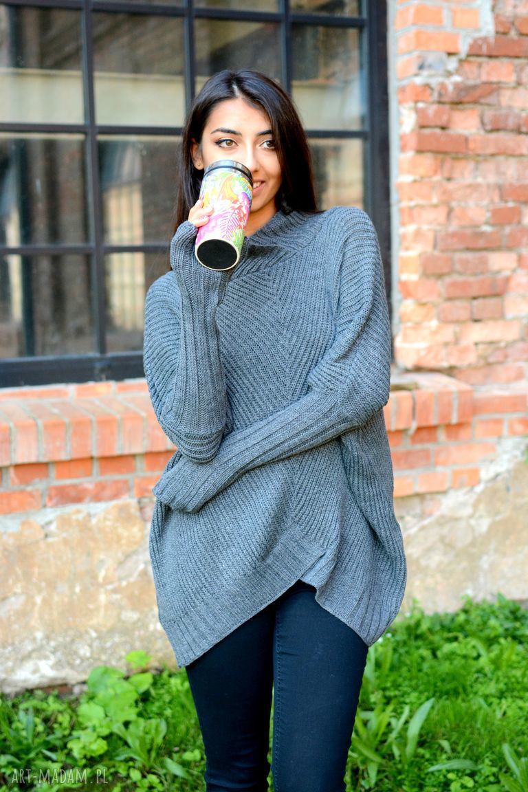 swetry: Sweter damski szeroki z golfem szary handmade