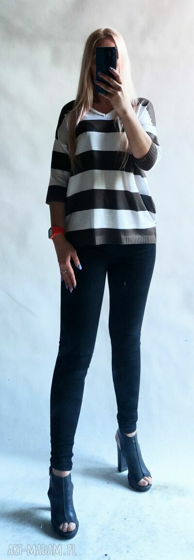 Lekki sweter damski oversize w paski czekolada - capuccino