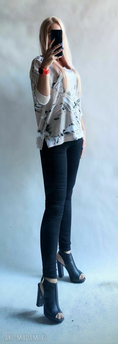 Sweter damski oversize boho w liście - kardigan w serek