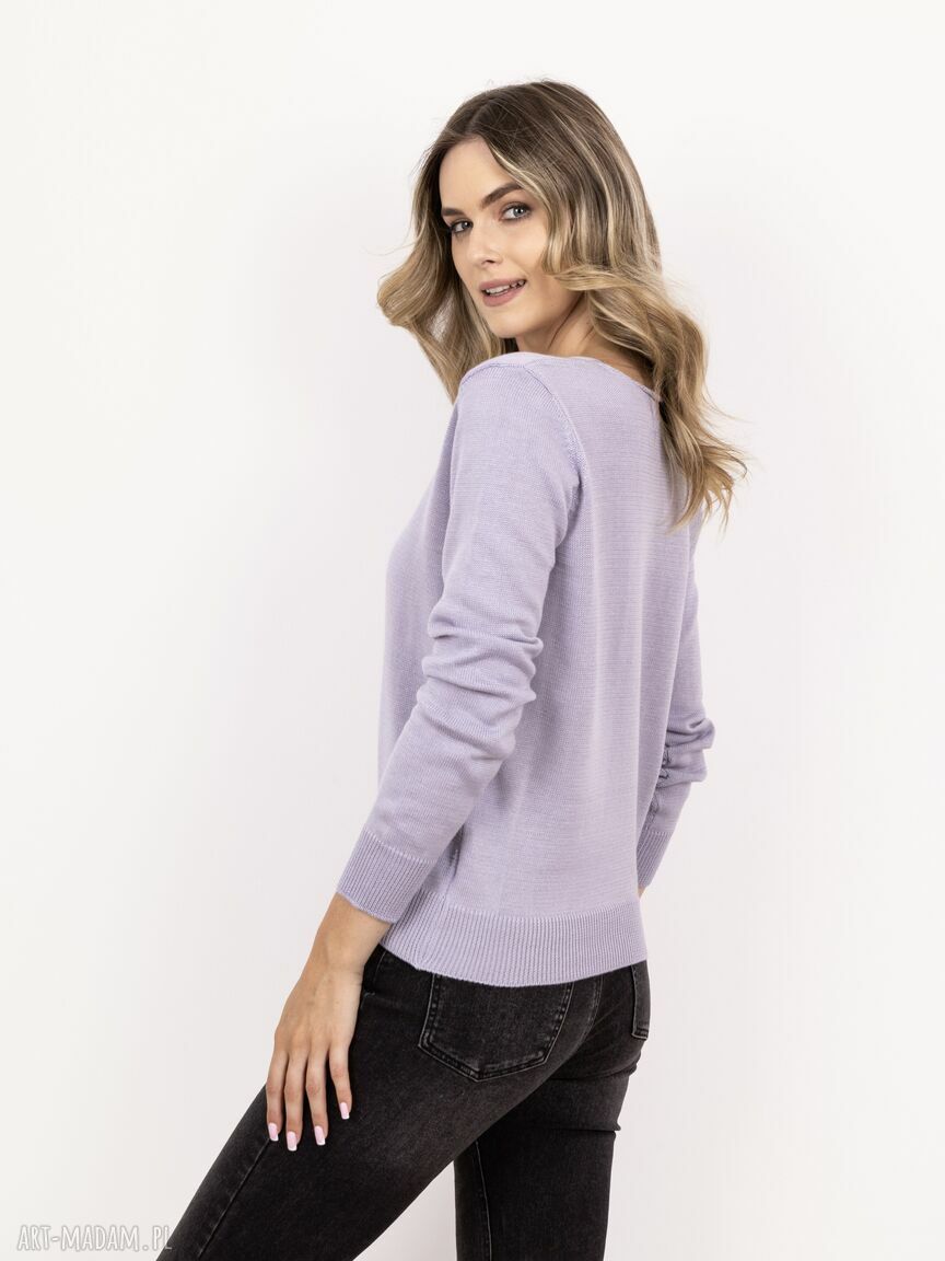 Dzianinowy sweter z dekoltem w serek - SWE345 liliowy MKM