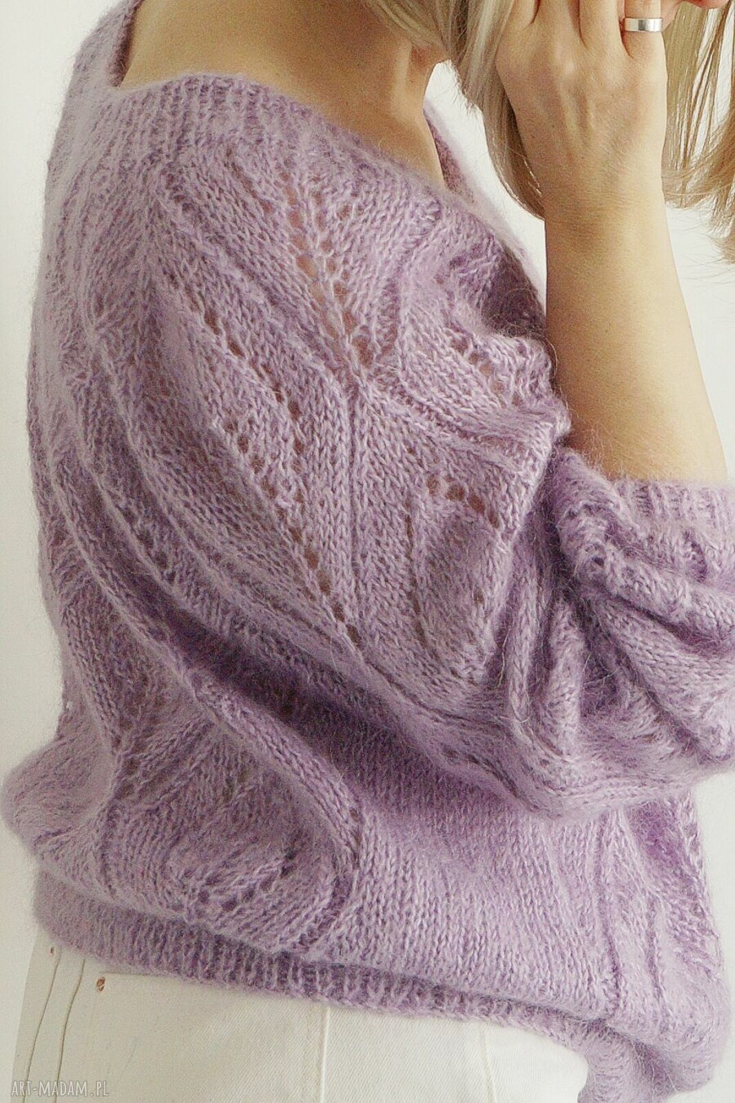 Sweter Flette z motywem liści - liliowy oversize z moheru i akrylu (handmade)