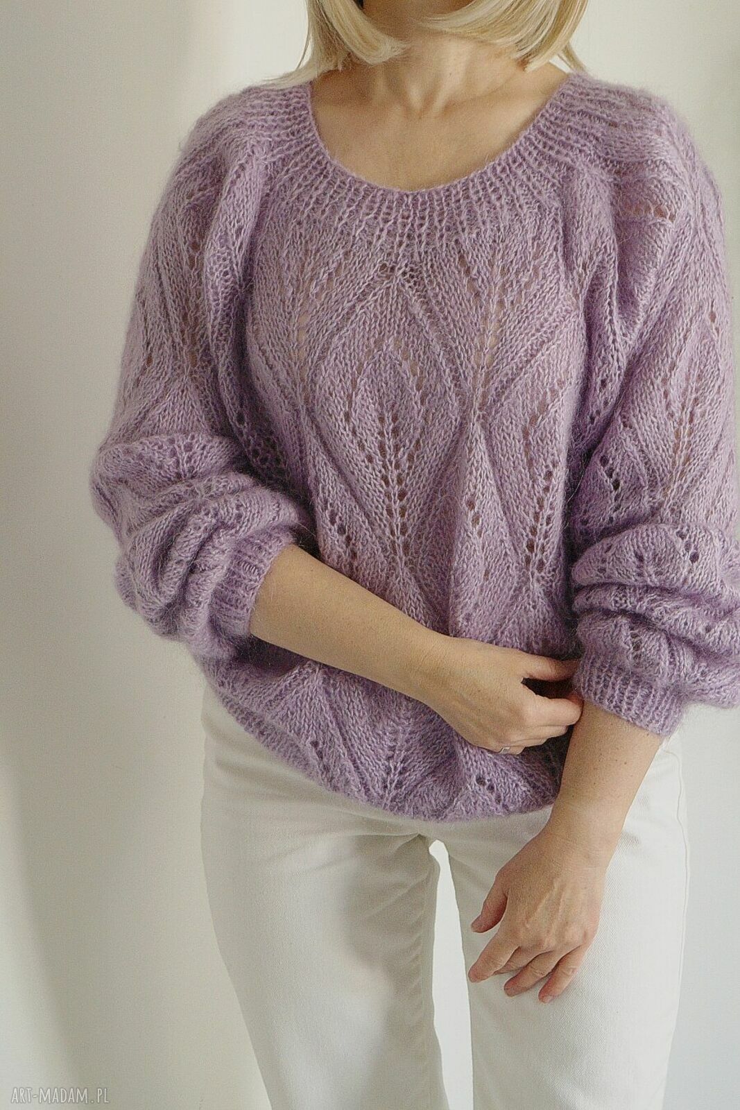 Sweter Flette z motywem liści - liliowy oversize z moheru i akrylu (handmade)