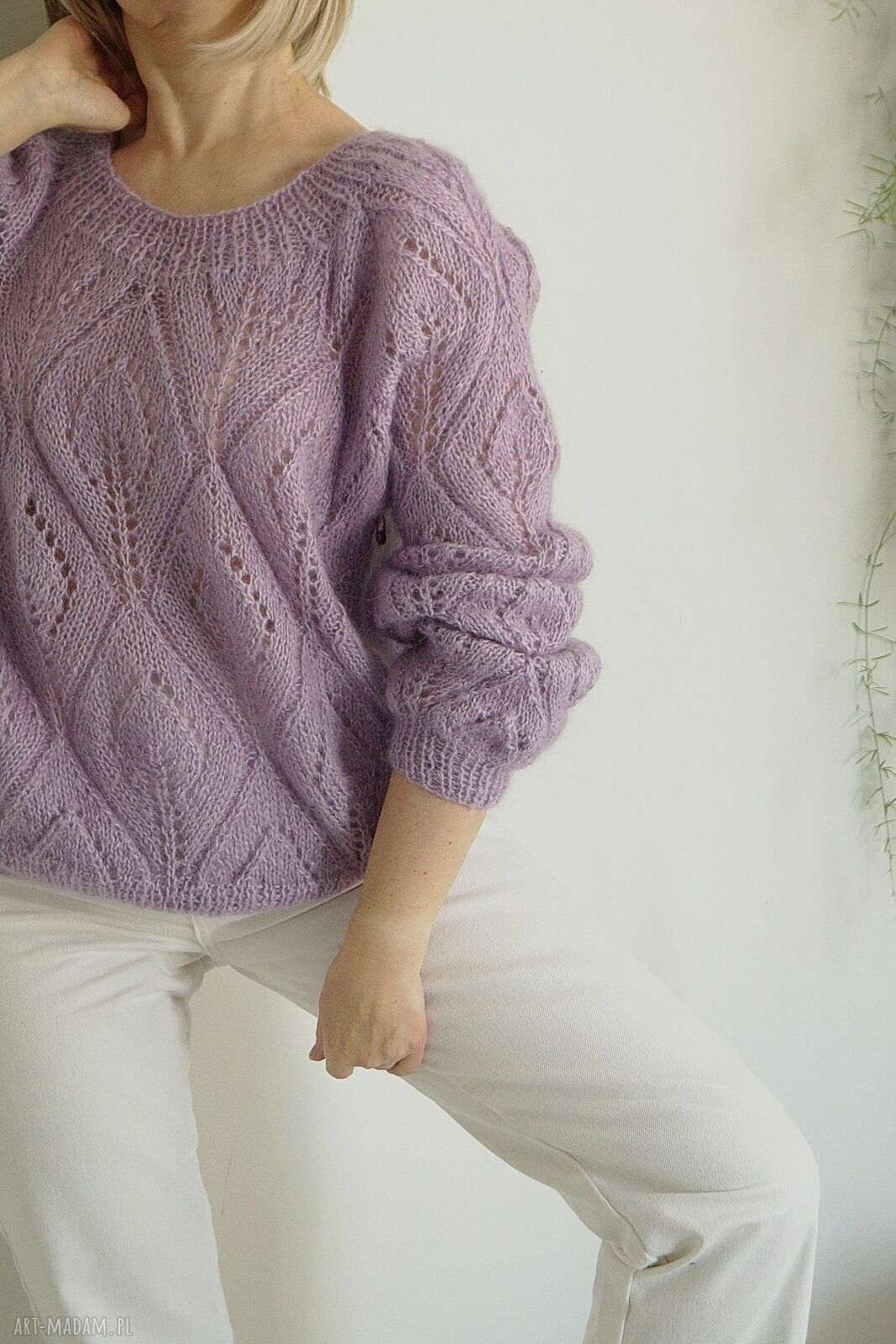 Sweter Flette z motywem liści - liliowy oversize z moheru i akrylu (handmade)