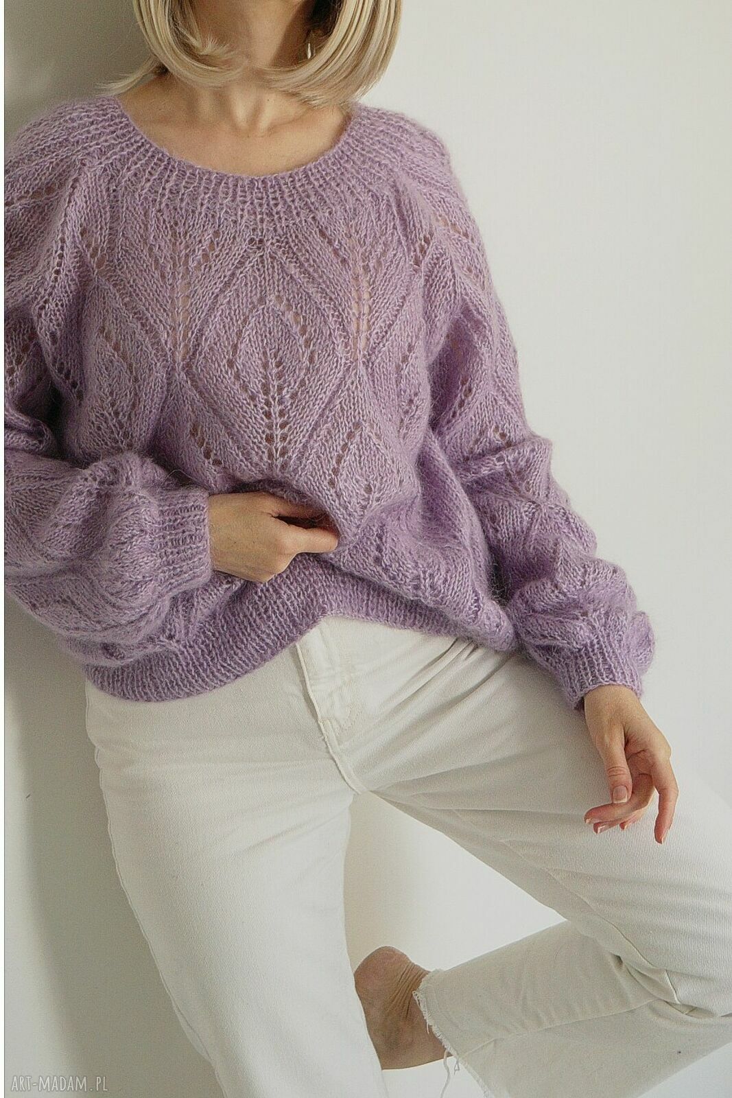 Sweter Flette z motywem liści - liliowy oversize z moheru i akrylu handmade