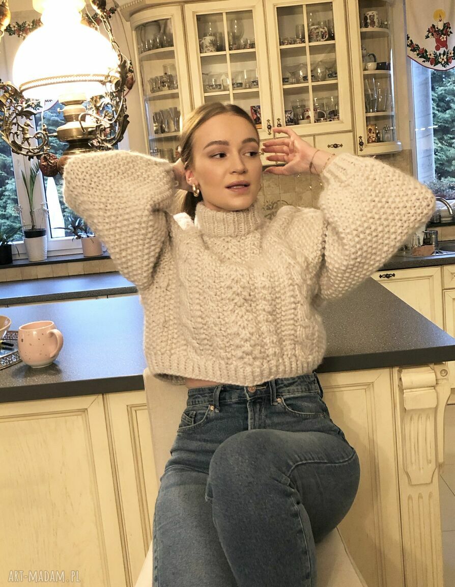 Sweter handmade chunky cable w kolorze natura z wełny merynosów, bawełny i alpaki