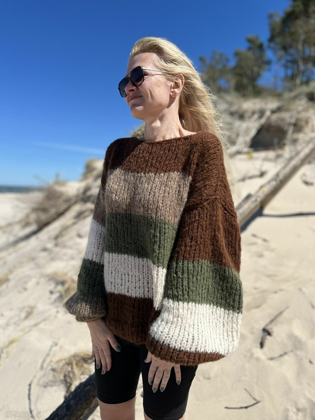 Sweter oversize w paski z alpaki i jedwabiu - handmade