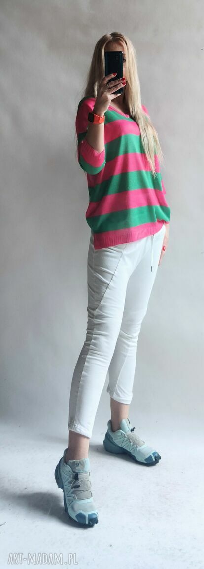 Sweter oversize w paski z dekoltem w serek - kardigan pullover handmade