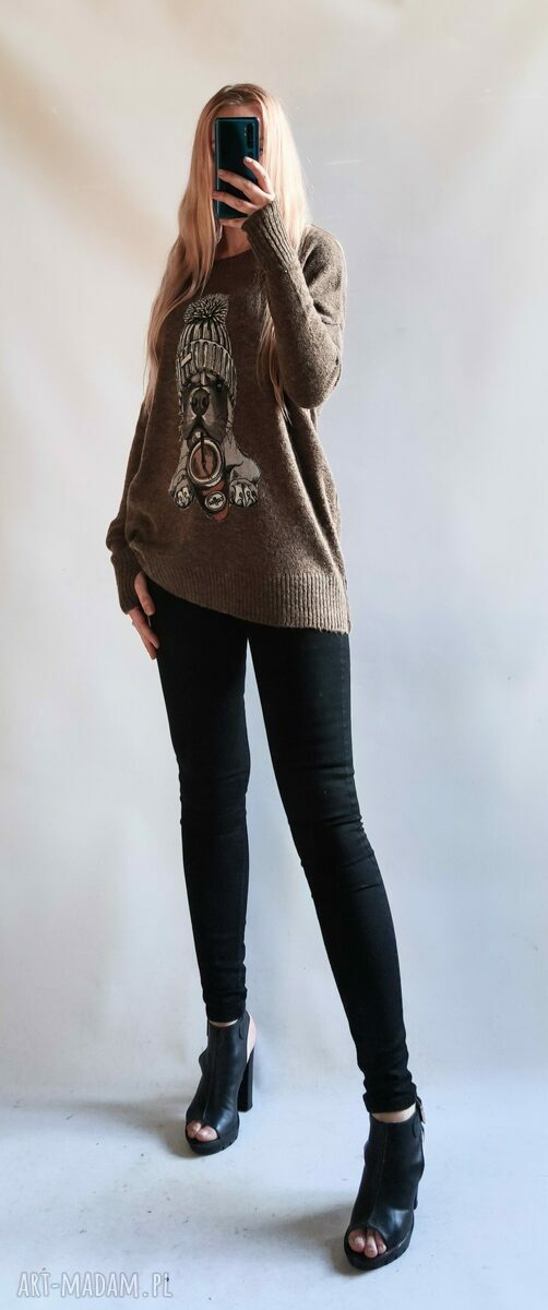 Luźny sweter oversize z aplikacją - kardigan damski Bellafeltro