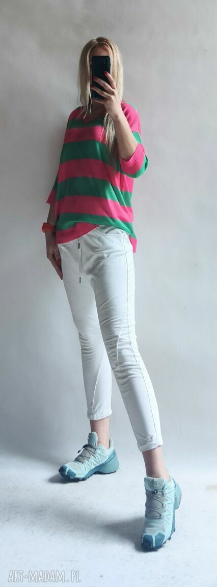Sweter oversize w paski z dekoltem w serek - kardigan pullover handmade