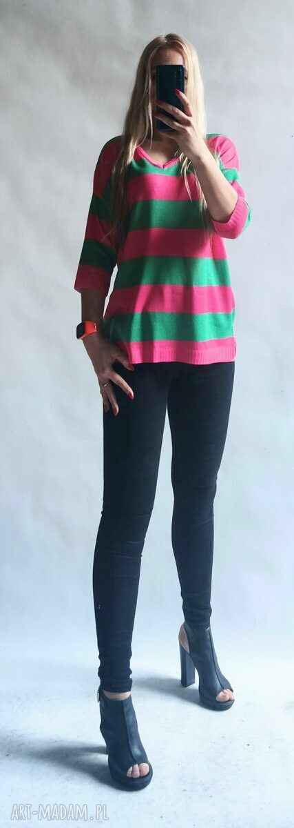 Sweter oversize w paski z dekoltem w serek - kardigan pullover handmade