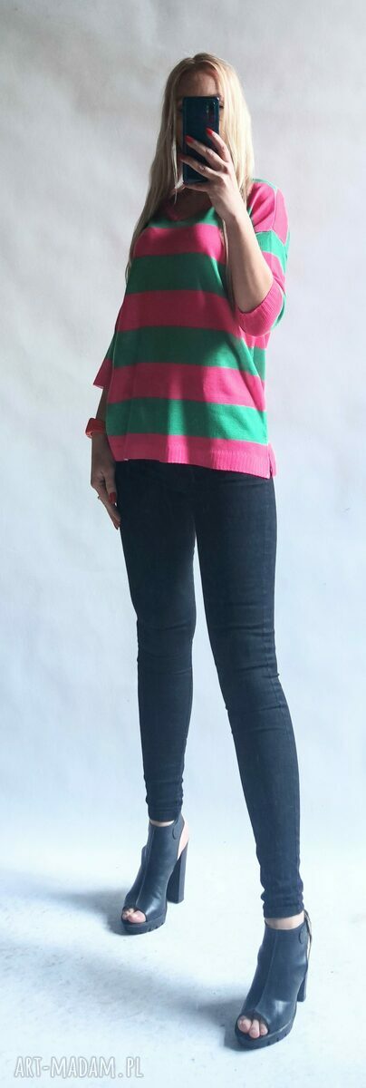 Sweter oversize w paski z dekoltem w serek - kardigan pullover handmade
