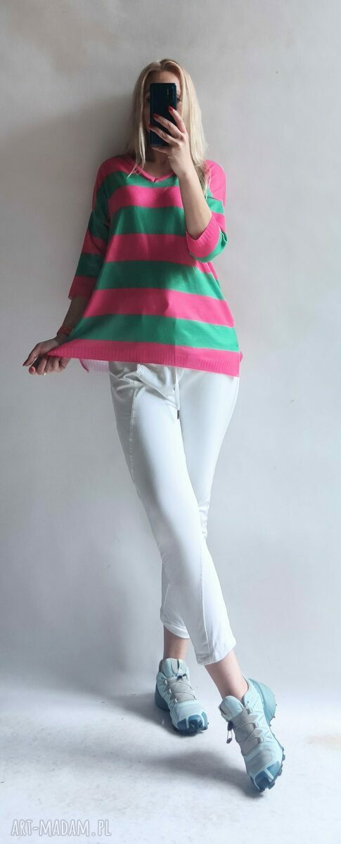Sweter oversize w paski z dekoltem w serek - kardigan pullover handmade
