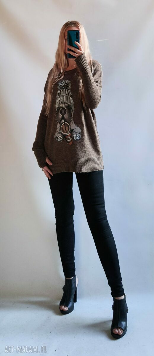 Luźny sweter oversize z aplikacją - kardigan damski Bellafeltro