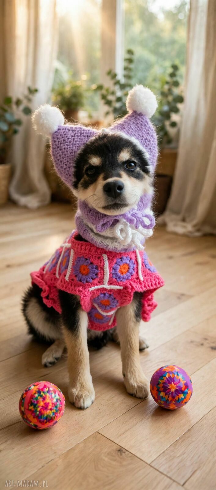 Sweter poncho dla małego psa - ręcznie szydełkowane ubranko w kwiaty