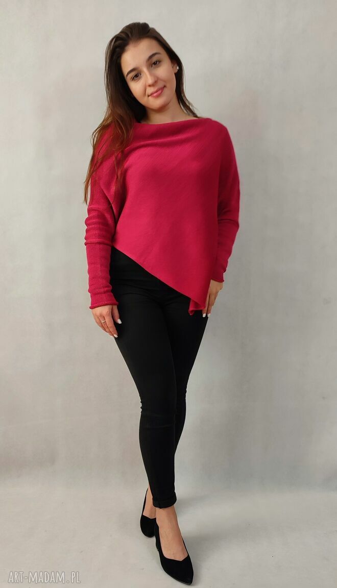 Różowe ponczo sweter z rękawami handmade dzianina