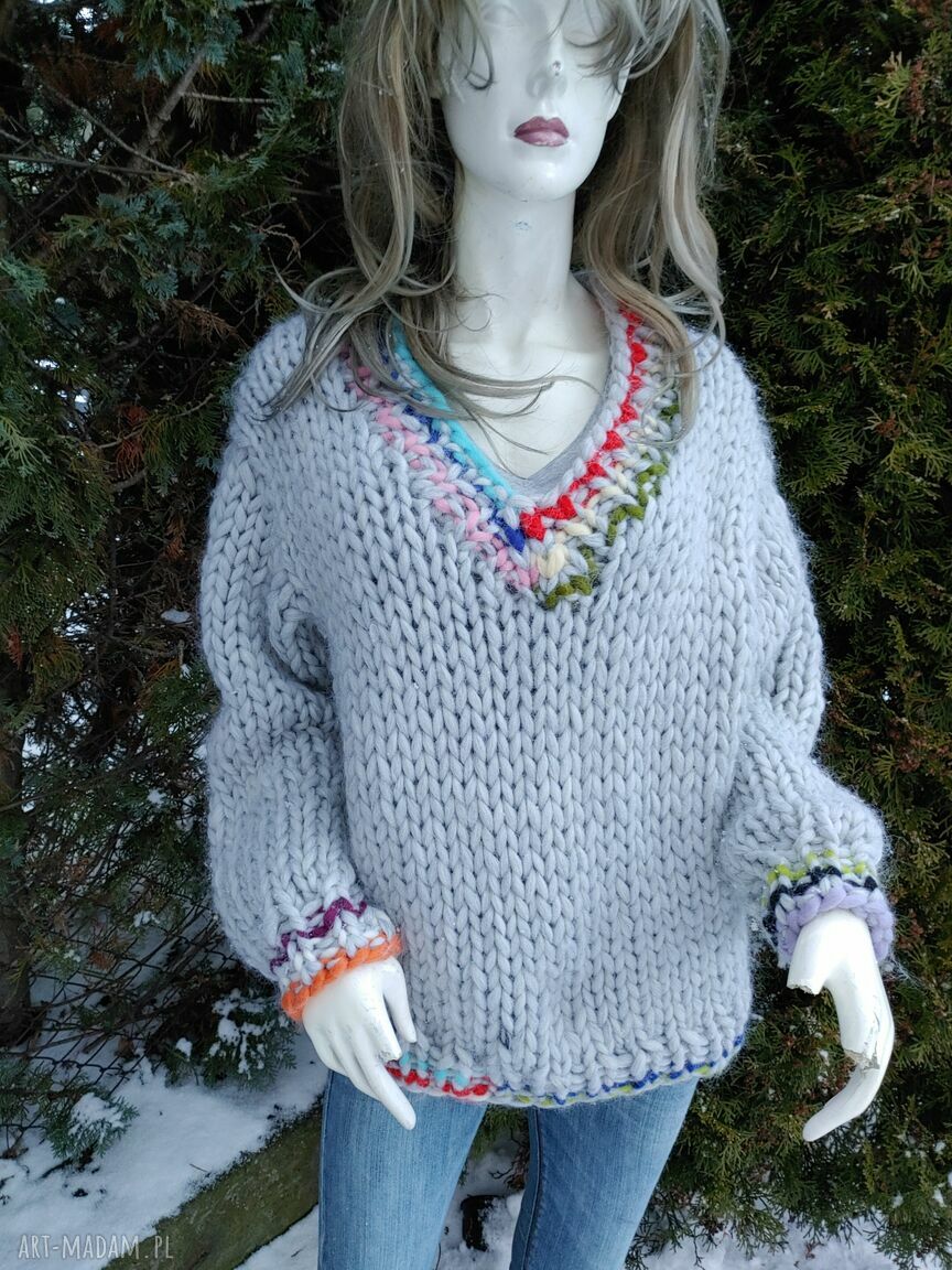 Sweter preppy z 100% merynosa - big knitting, grube sploty i oversize