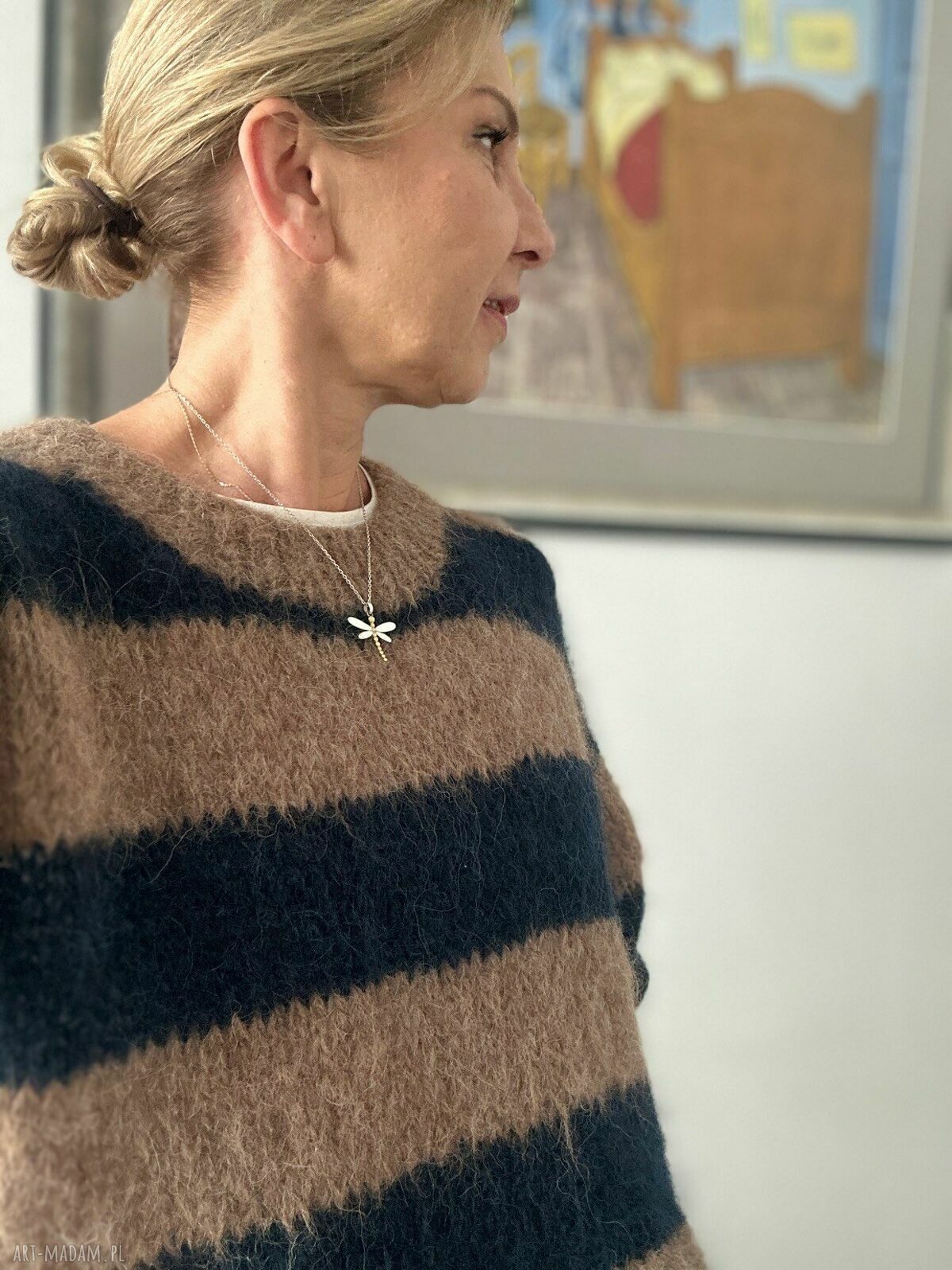 Sweter damski z alpaki w pasy granat - beż i brąz, ręcznie robiony oversize