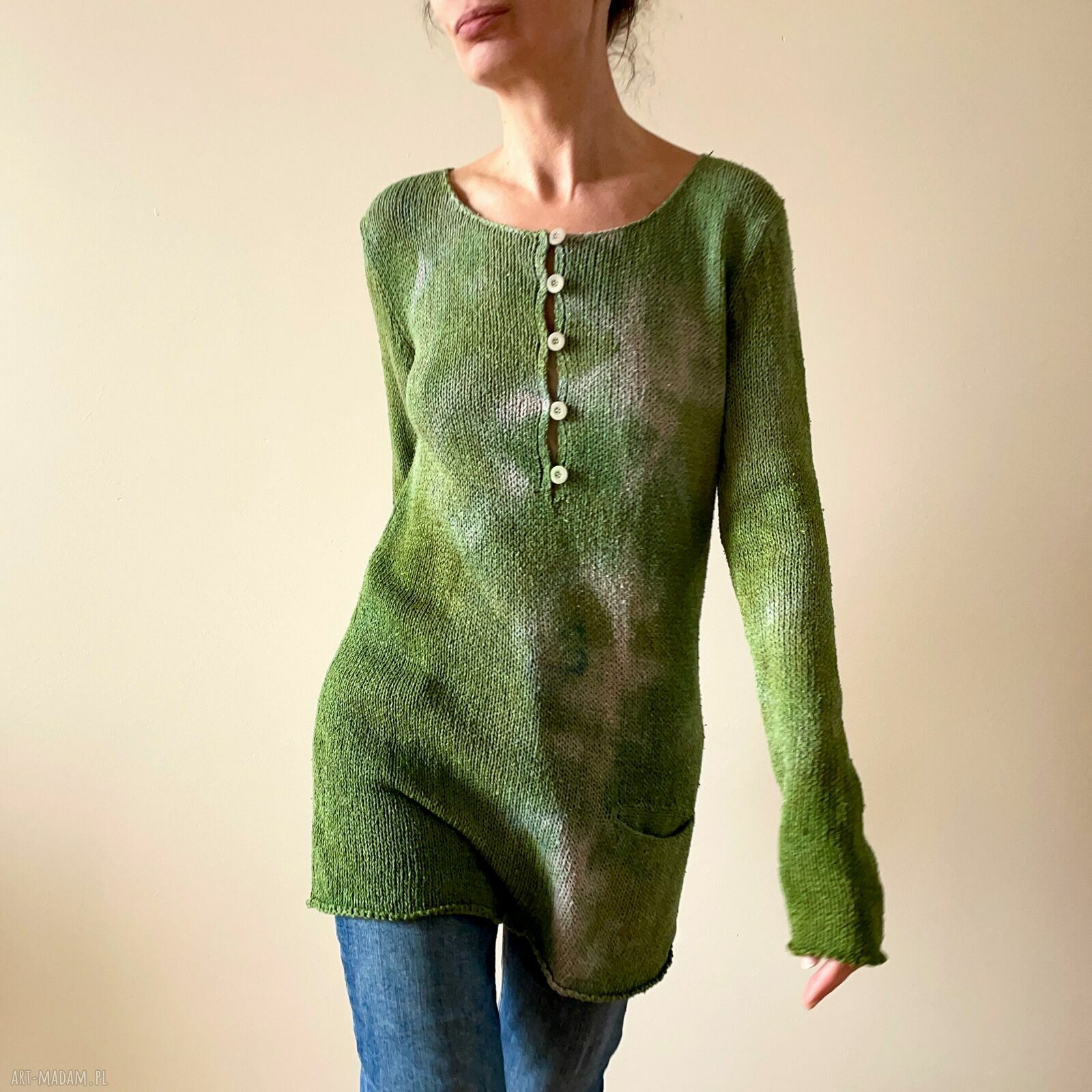 Sweter-tunika z jedwabno-wełnianej mieszanki - zielenie i taupe (S/M)