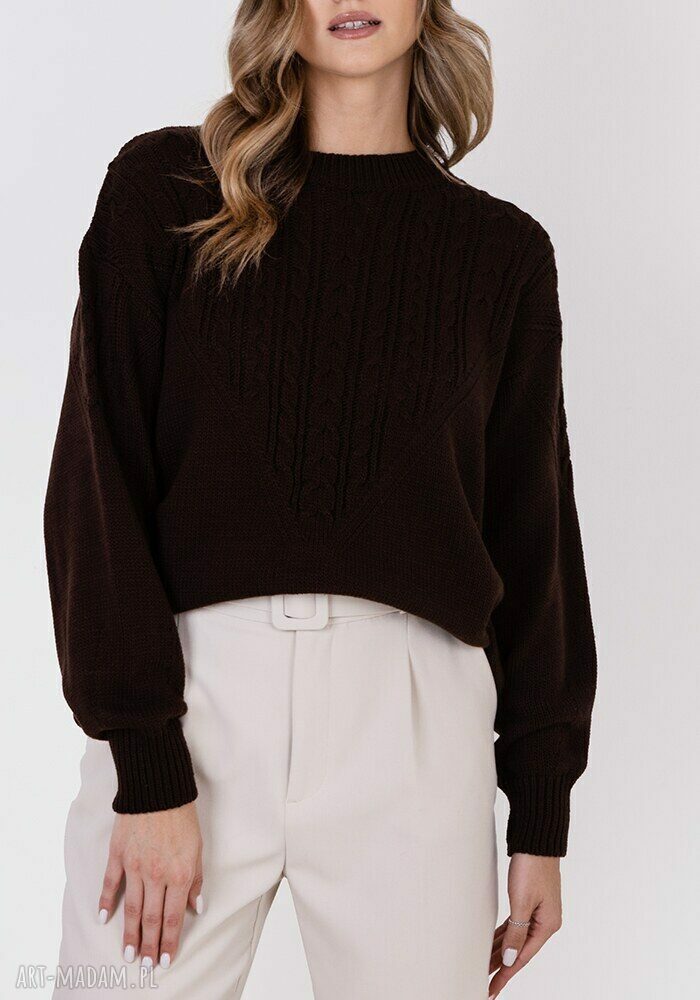 Sweter w charakterze bluzy SWE322 - brązowy z warkoczami na jesień