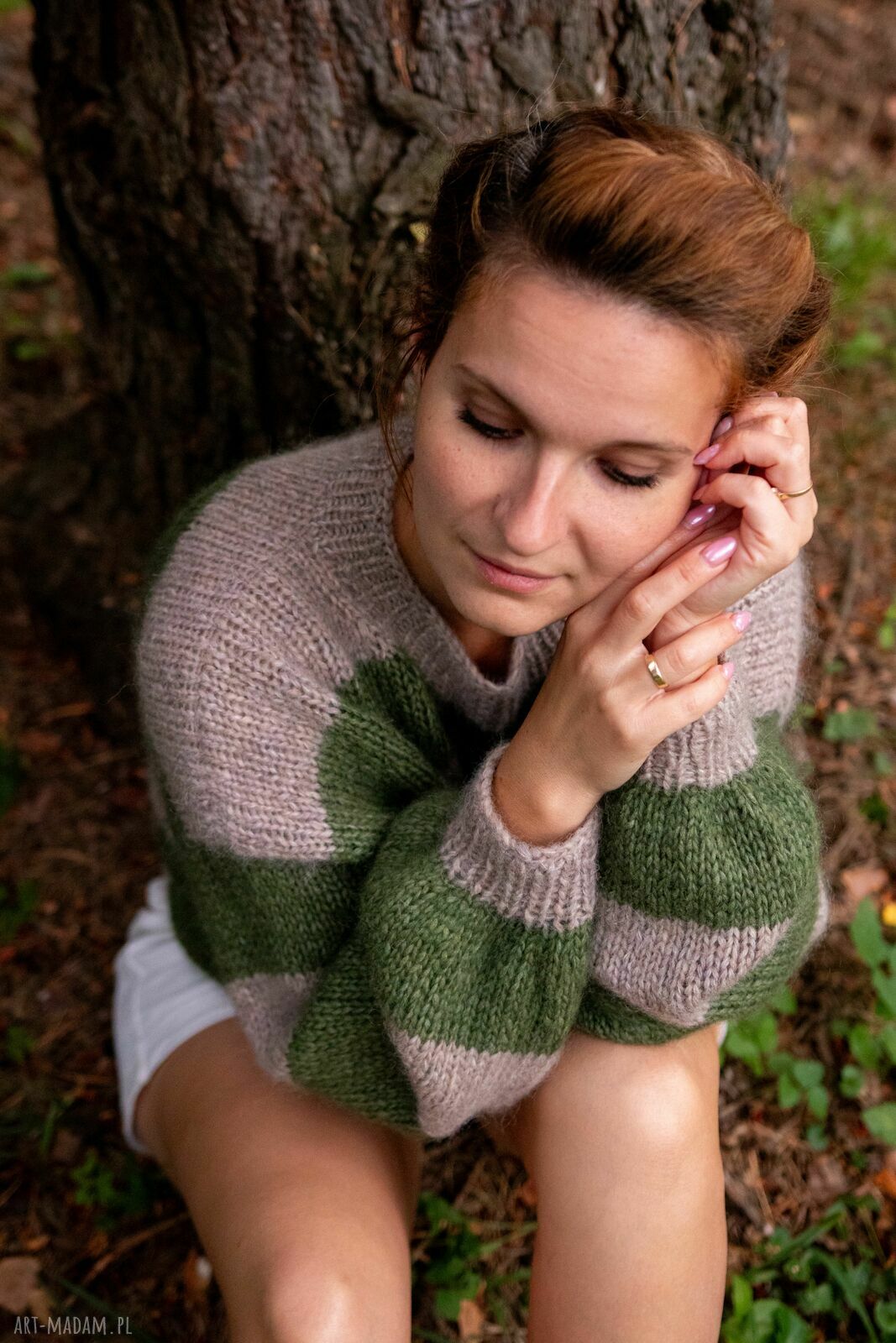 Sweter Seda Forest - ręcznie dziergany w paski z alpaką i moherem