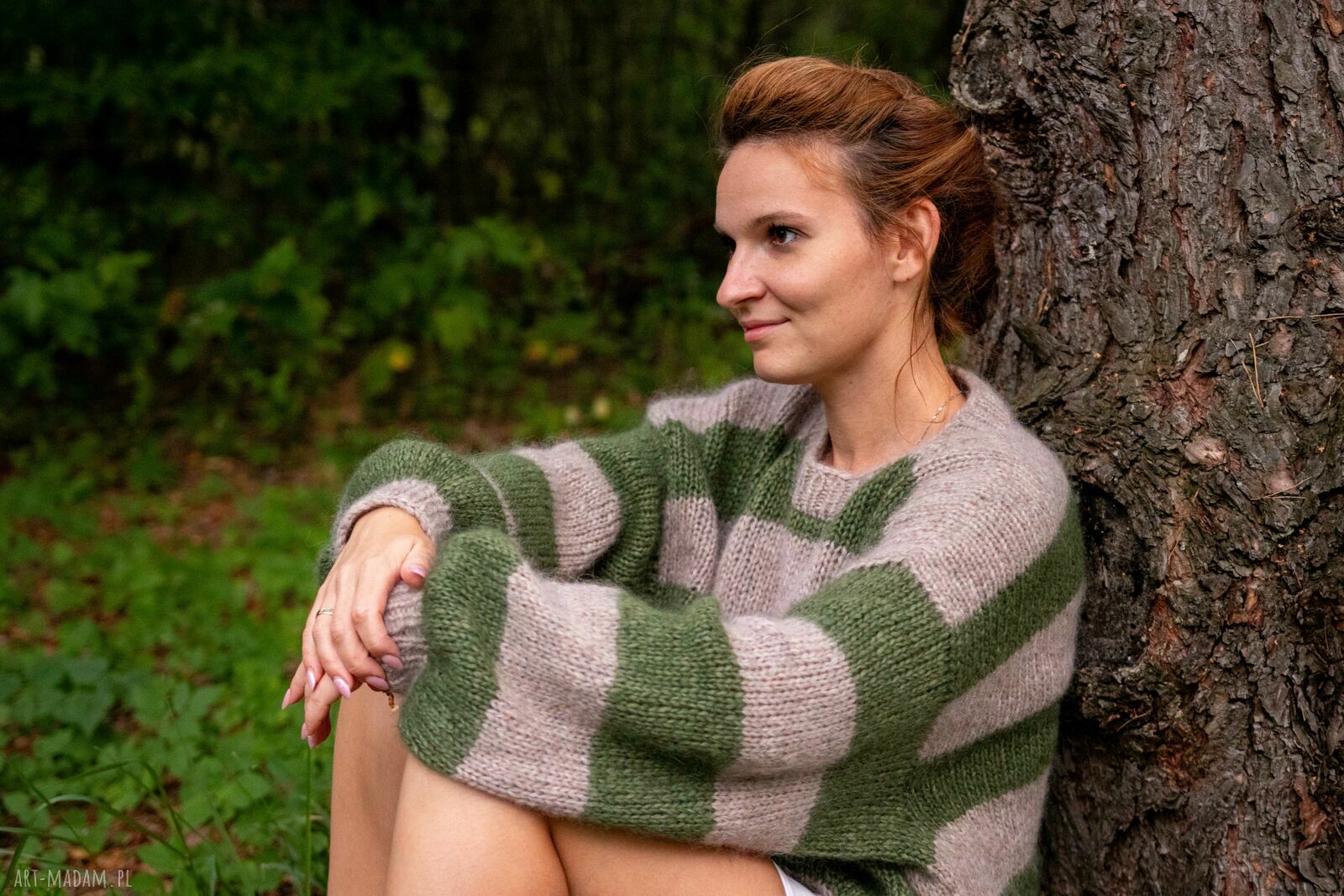Sweter Seda Forest - ręcznie dziergany w paski z alpaką i moherem