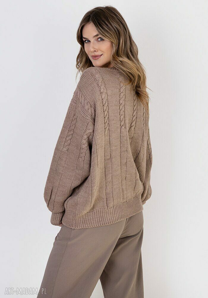 Sweter na jesień w warkoczowy wzór SWE323 mocca MKM