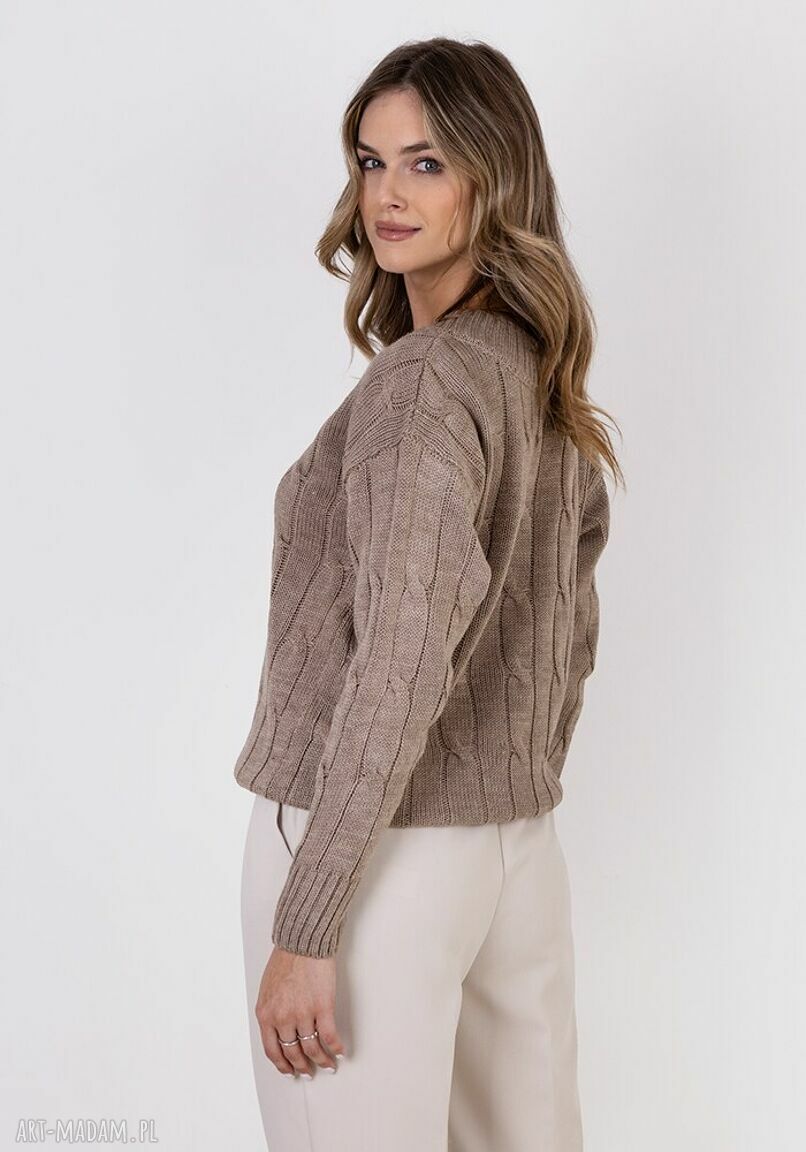 Sweter w warkoczowy wzór SWE316 mocca MKM