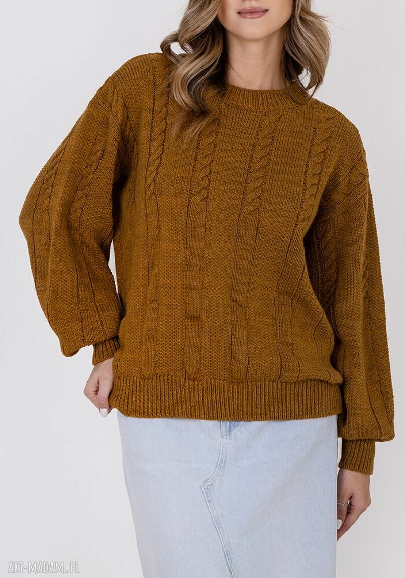 Sweter w warkoczowy wzór - SWE323 miodowo-brązowy MKM