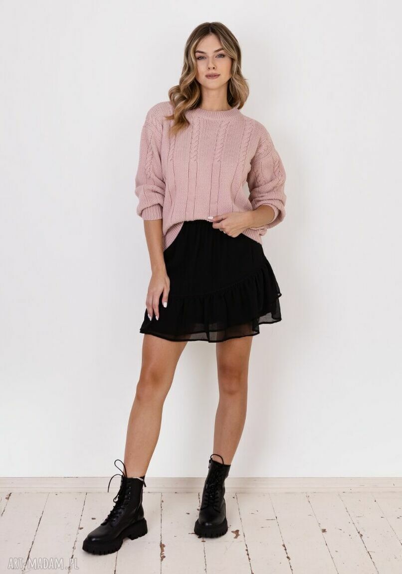 Sweter w warkoczowy wzór SWE323 w pudrowym różu - bez zapięcia