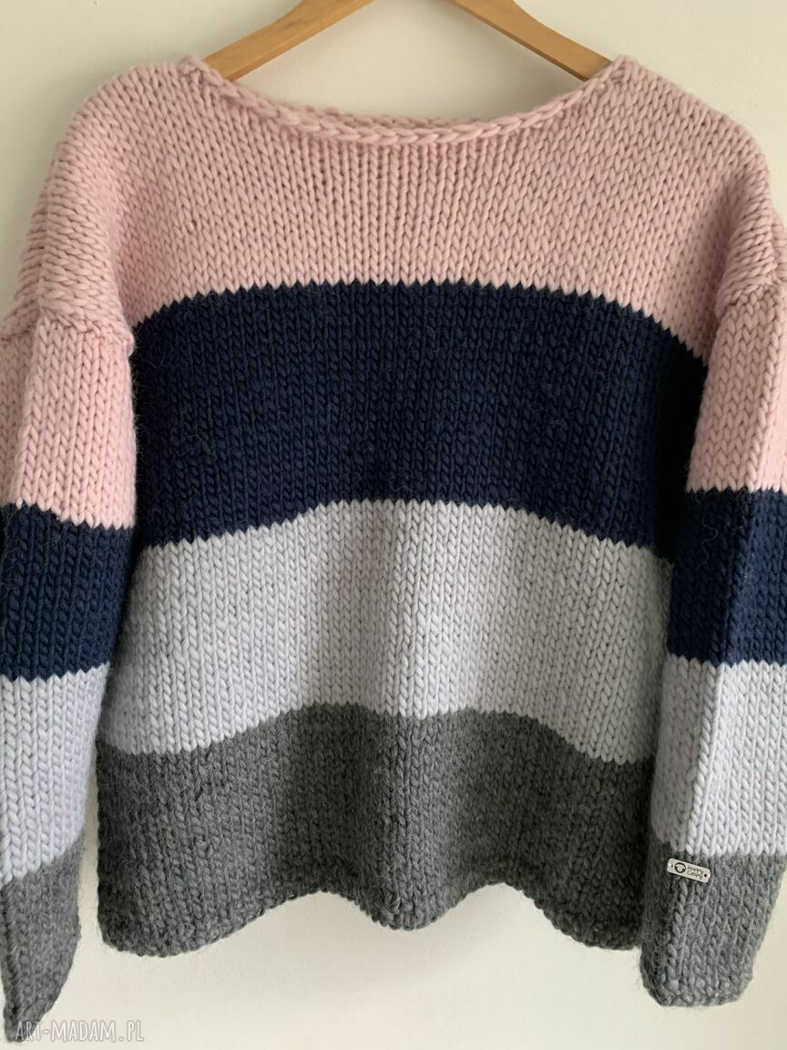 Sweter wełniany w pasy Trios - cztery kolory, rękodzieło 100% wełny (S/M)
