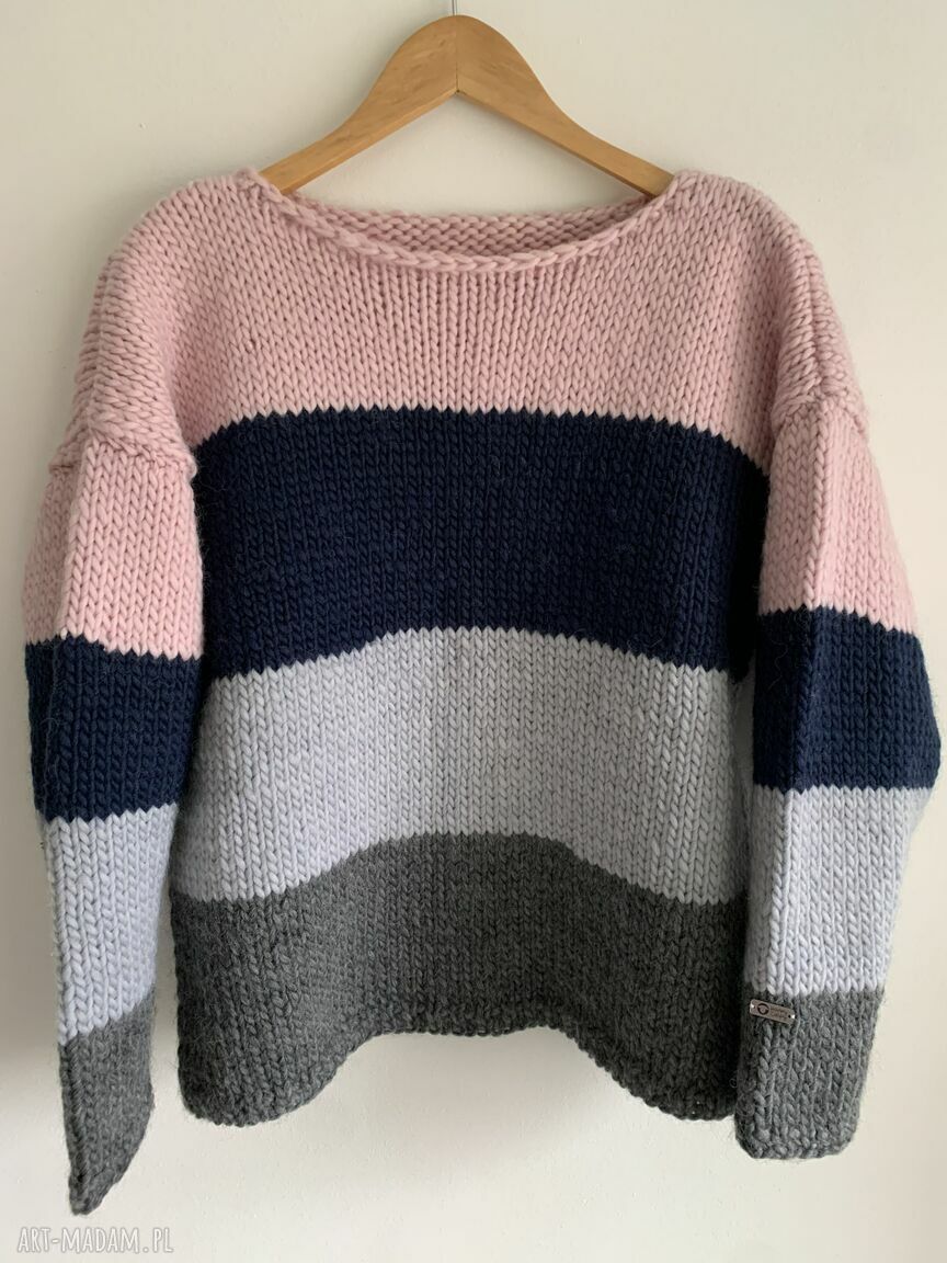 Sweter wełniany w pasy Trios - cztery kolory, rękodzieło 100% wełny (S/M)