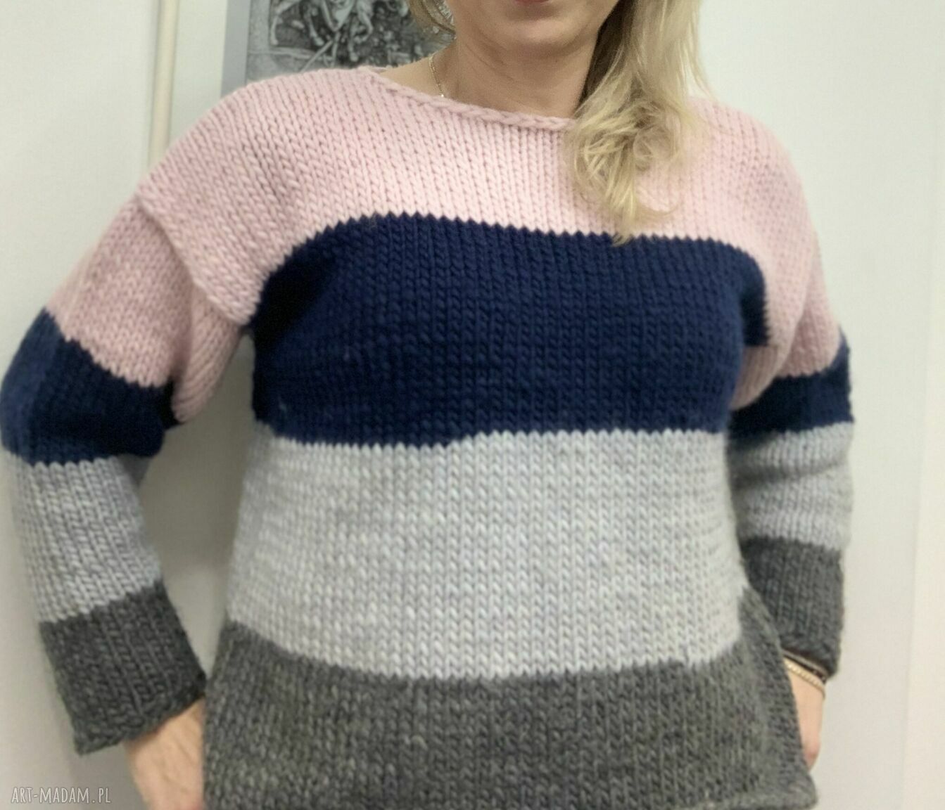 Sweter wełniany w pasy Trios - cztery kolory, rękodzieło 100% wełny S/M