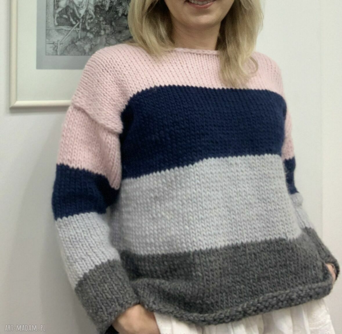Sweter wełniany w pasy Trios - cztery kolory, rękodzieło 100% wełny (S/M)