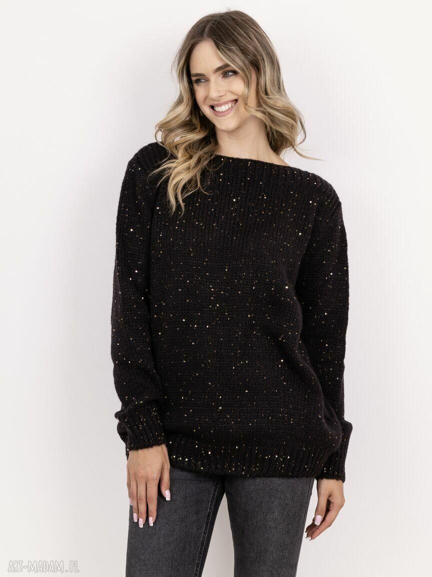 Sweter z cekinami SWE338 czarny MKM - oversize na jesień i święta