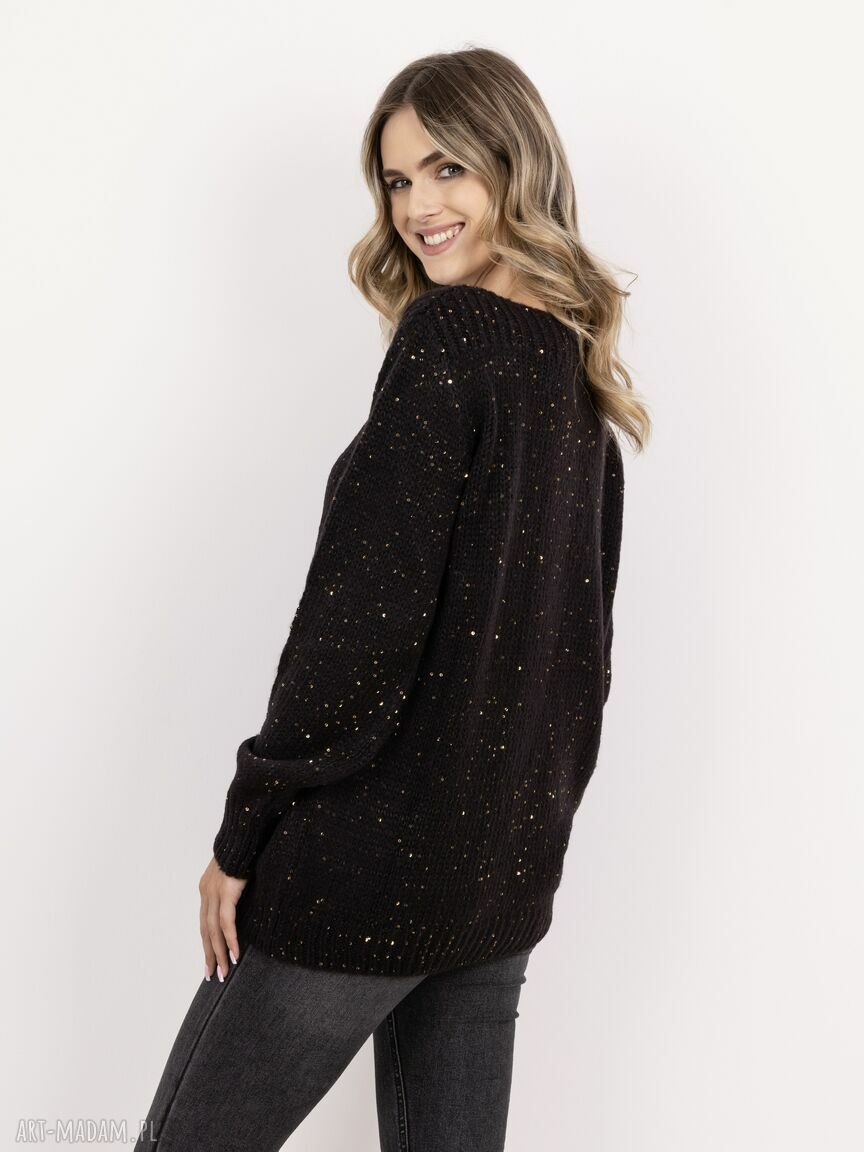 Sweter z cekinami SWE338 czarny MKM - oversize na jesień i święta